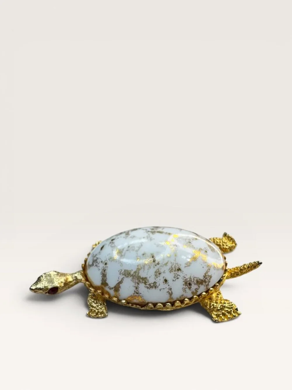 1960s White Glass Gold Leaf Turtle Brooch Gold Tone Figural Animal Vintage